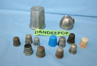 13 Vintage Assorted Sewing Thimbles Metal And Plastic With Towle Thimbleful