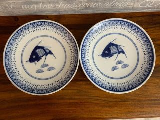 Stunning Vintage Asian Chinese Koi Fish Blue And White 10 1/2” Plates Set Of (6)