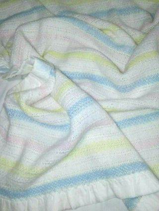 Vtg Baby Blanket Waffle Weave Pastel Stripe Pink Blue White Yellow Nylon Edge