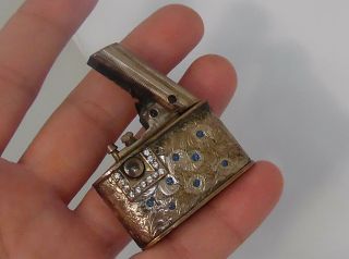 Vintage Art Deco Regeliter Bejeweled Automatic Push Button Brass Pocket Lighter