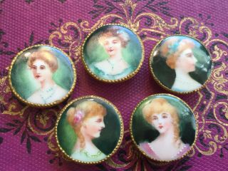 Antique Set Of 5 Hand Painted On Porcelain Stud Buttons With Portraits Of Ladies