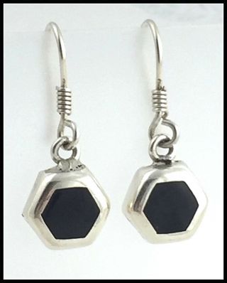 Vintage.  925 Sterling Silver & Onyx,  Dangling Hexagonal Earrings,  Wires Mexico