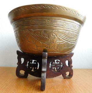 Antique Chinese Bronze Buddhist Prayer Singing Bowl On Stand 1900s Qin
