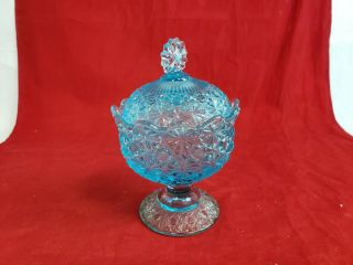 Gorgeous Vintage Light Blue Starburst Cut Candy Dish With Lid Gl8