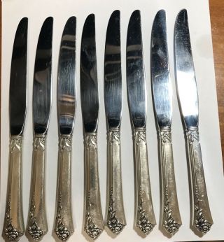 Set Of 8 Heirloom Sterling Silver Handle Damask Rose Dinner Knives