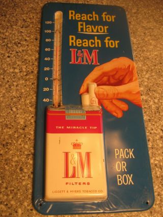 Vintage Embossed Metal L&m Cigarettes Advertising Sign Thermometer 1950s Tobacco