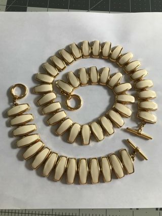 Vintage White Enamel & Gold Tone Link Necklace & Bracelet Set
