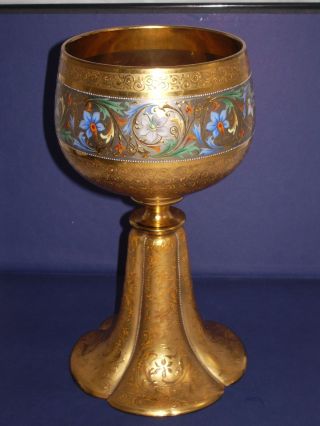 Moser Antique Art Glass Goblet Chalice Huge Gold Gilded And Enameled Estate