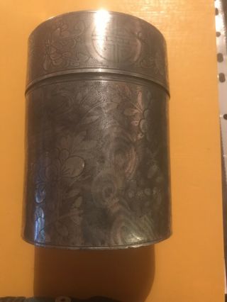 SIGNED Chinese KUT HING SWATOW Pewter Cylindrical Tea Caddy 2