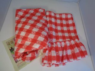 Vintage Red White Tablecloth Valance Floral Gingham 60 Round Ruffle Farmhouse
