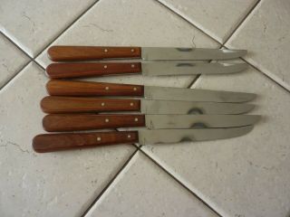 Vintage Craftsman Set Of Six (6) Wood Handle Steak Knives - Stainless Steel
