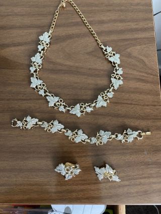 Signed Sarah Cov Vintage Leaf Silver/gold Tone Necklace Bracelet & Earrings Set