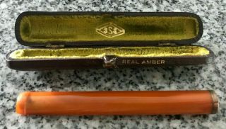 Antique " Sss " Real Amber Cigarette Holder With Green Velvet Brown Leather Case