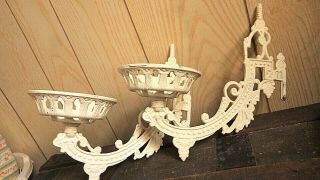 2 Victorian White Cast Iron Oil Lamp Holders Swing Arm Wall Mount Brackets 60 
