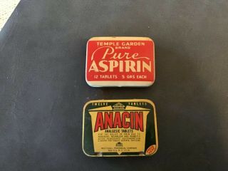 2 Vintage Medical Advertising Tins Aspirin - Anacin And Temple Garden,  12 Count