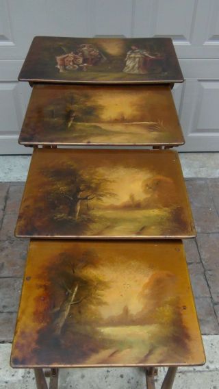 Set Of 4 Antique 19c French Vernis Martin Nesting Tables Hand Painting On Top