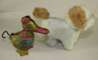 2 Vintage Toys,  Windup J.  Chein Tin Litho Duck & Wind - Up Spinning Tail Dog - Puppy