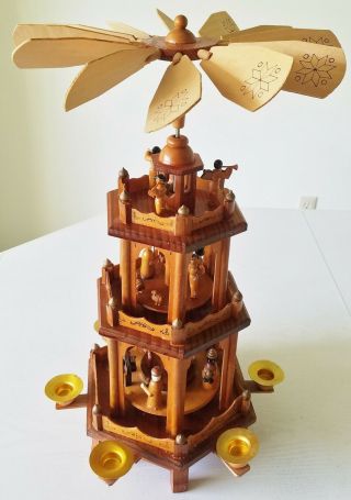 Vtg Christmas Nativity Pyramid Wood 3 Tier Candle Windmill Carousel Tower German