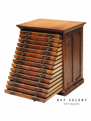19th C Antique Victorian Tiger Oak 15 Drawer Industrial Hardware / File Cabinet