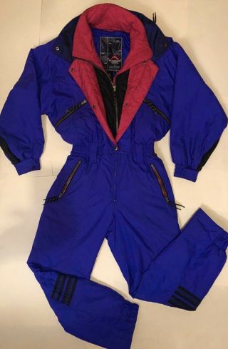 Vintage 80s Womens Snow Ski Suit S One 1 Piece Coverall Colorblock 80s 90s Blue