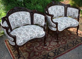 1910s Antique French Carved Mahogany Living Room Chairs Upholstery