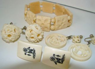 Vintage Scrimshaw Earrings Carved Bovine Bone Bracelet Dragon Puzzle Ball