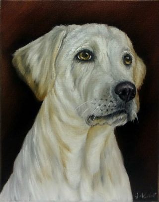 White Young Lab Dog Oil Painting Vintage Style Portrait