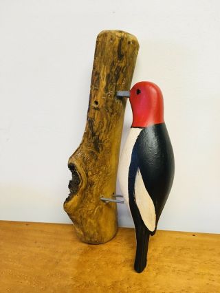 Jim Slack Shorebird Red Headed Woodpecker Hand Carved And Signed
