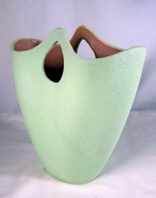 Large Vintage Diana Pale Green Stucco Glaze Basket Vase Pink Inside V115