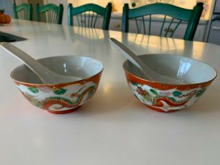 Set Of 2 Vintage Chinese Miso Soup Bowls And Spoons