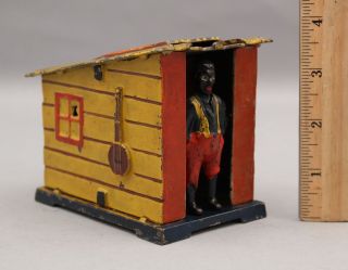 19thc Antique J.  E.  Stevens Black Americana Cast Iron Mechanical Bank Cabin & Boy