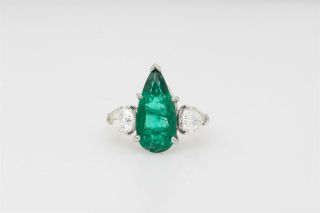 Antique 1930s $50,  000 10ct Pear Cut Colombian Emerald Vs G Diamond Platinum Ring