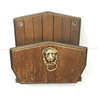 Vintage Wood Wall Hanging Letter Holder With Brass Lion Great Project Piece