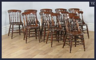 Antique Set 12 Twelve Victorian Ash Elm Windsor Spindle Bar Back Kitchen Chairs