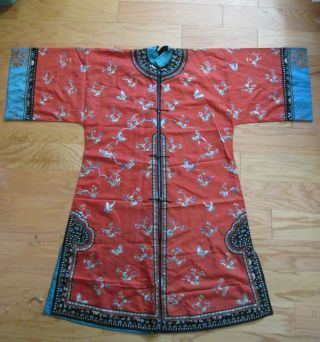 Antique 19th Century Chinese Qing Dynasty Red Butterfly Gold Thread Silk Robe