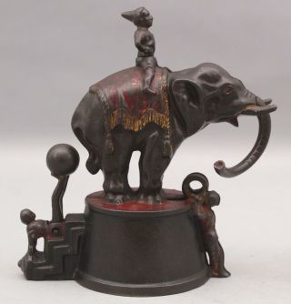 19thc Antique J&e Stevens Cast Iron Circus Elephant & Clowns Mechanical Bank