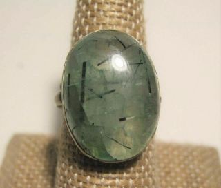 Vtg Sterling Silver Black Tourmaline In Green Stone Oval Dome Ring 6g Size 6.  75