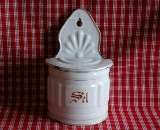 Salt Box French Enamel Ware White Fluted Gold Lettered Sel Vintage Graniteware