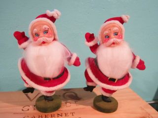 Vintage Christmas Dancing Santa Claus Matching Pair Red Flocked Felt Figurines