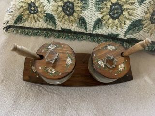 Vintage Mid Century Vermot Specialties Wood Tray With Glass Jars W/ Lids & Spoon
