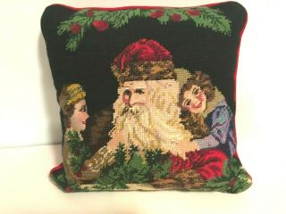 Vintage Christmas Sm Pillow Wool Needlepoint & Velvet Father Christmas & Kids