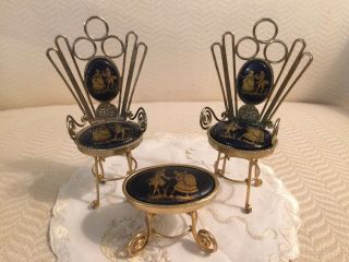 Lovely Set Of Antique Limoges France Enamel On Brass Dollhouse Table & Chairs.