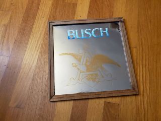 Vintage Busch Beer Bar Advertising Foil Mirror Wooden Frame