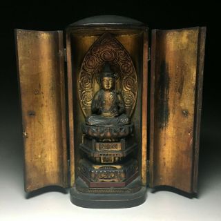 Old Japanese Japan,  Buddhism Buddha Statue Kannon,  Bodhisattva,  Zushi Box 20cm 彩