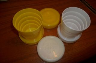 2 Vintage Antique Plastic Collapsible Cups With Lid Pristine