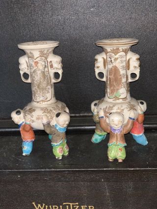 Antique Chinese Famile Porcelain Candlesticks Of Boy Holding Vase Unmarked