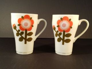 Set Of 2 Vintage Coffee Mugs Cups Orange Green & Pink Mod Floral Design C10
