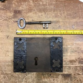 Barn Find Vintage Antique Wooden Rim Lock & Key Reclaimed Metal Trim 1