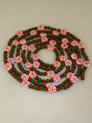 Vintage Wood Bead Christmas Garland Red Green Peppermint Candy Aprox 9ft