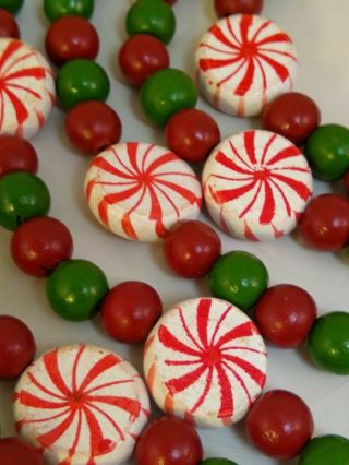 Vintage Wood Bead Christmas Garland Red Green Peppermint Candy Aprox 9ft 2